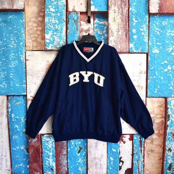 Men's BYU COUGARS Windbreaker Pullover V-Neck Embroidered Logo XLARGE Blue - Picture 1 of 12